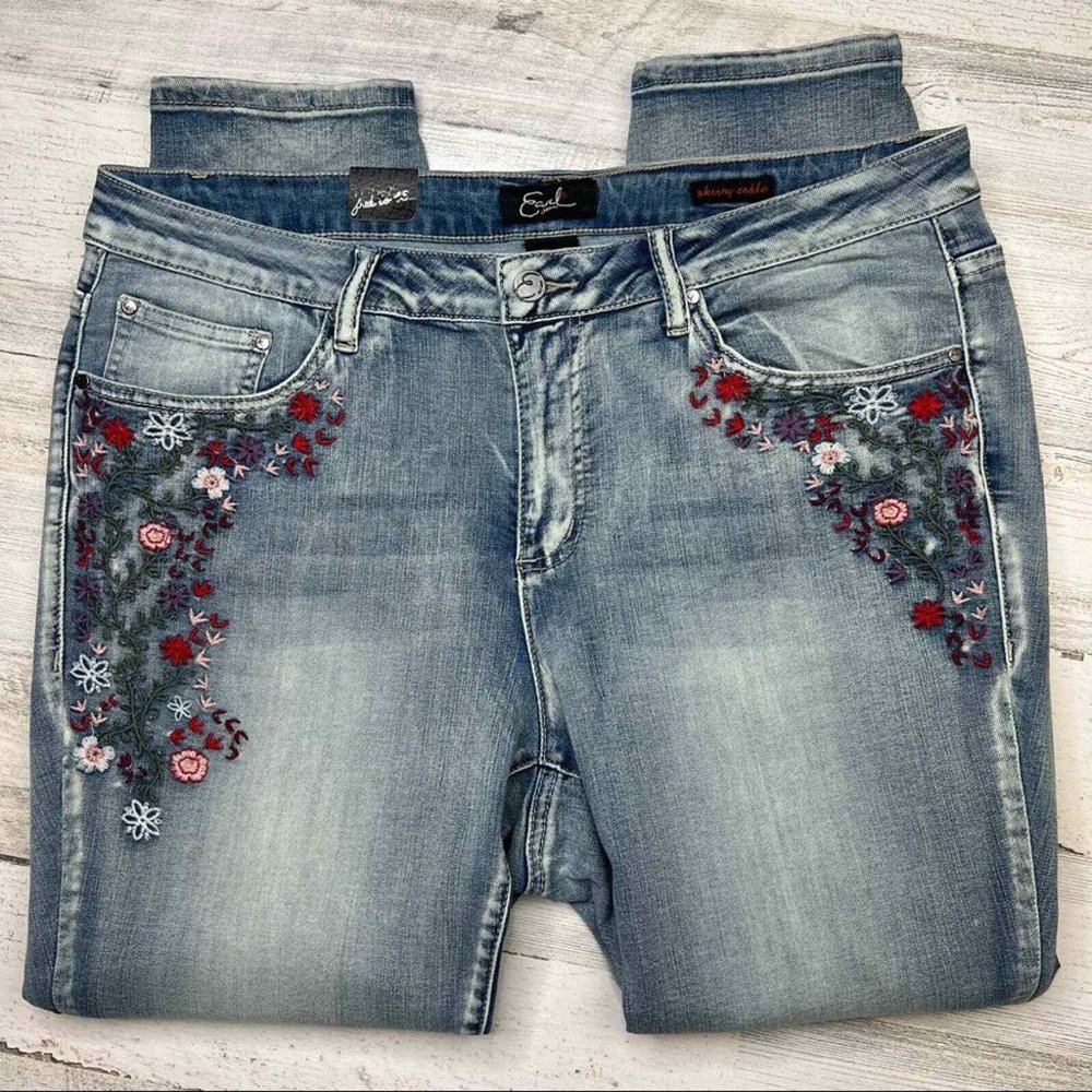 Earl Jeans Floral Embroidered Acid Wash High Rise Skinny Ankle Jean 18W Plus